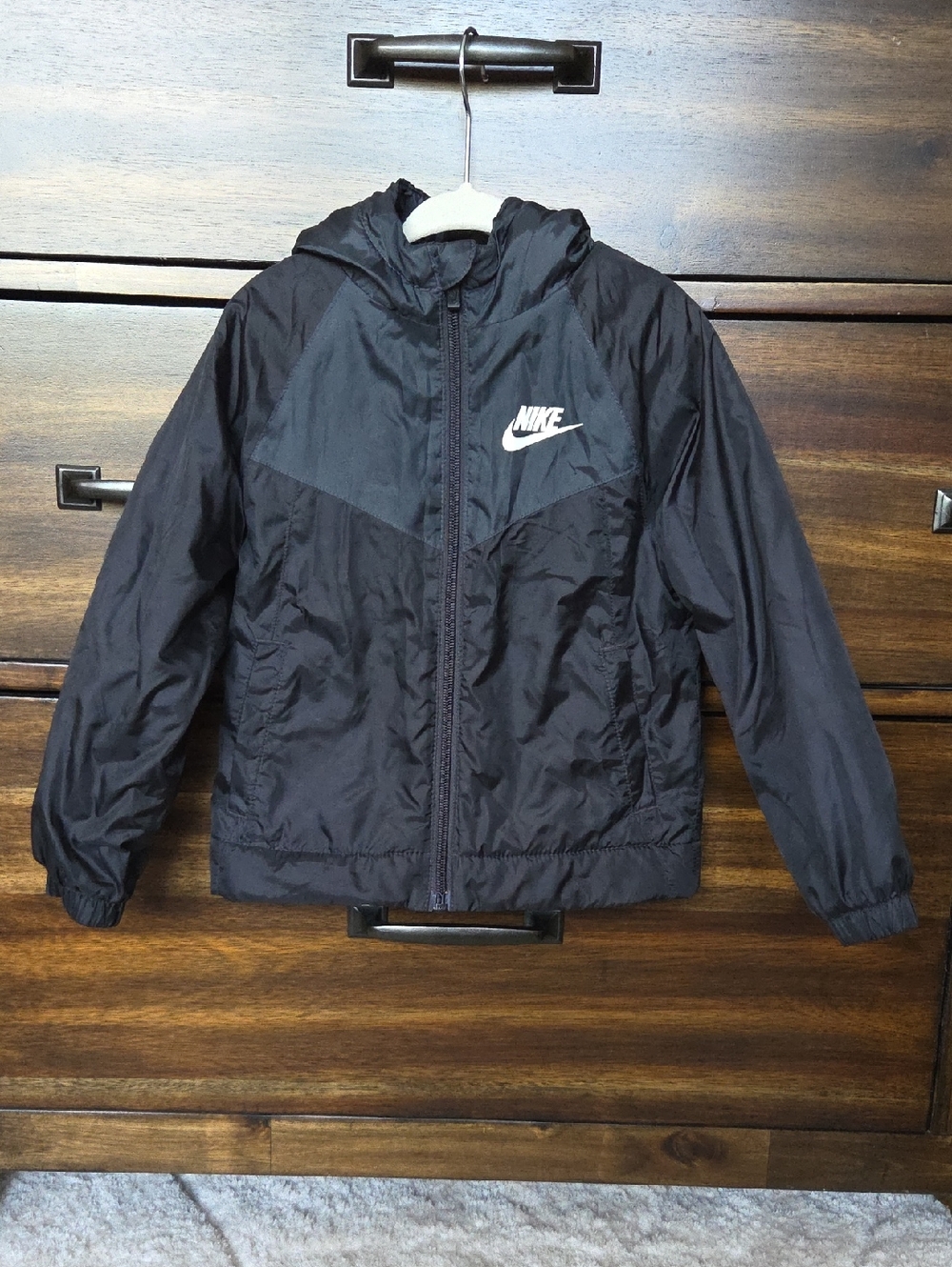 Nike Black Hooded Kids Windbreaker Jacket with White Logo